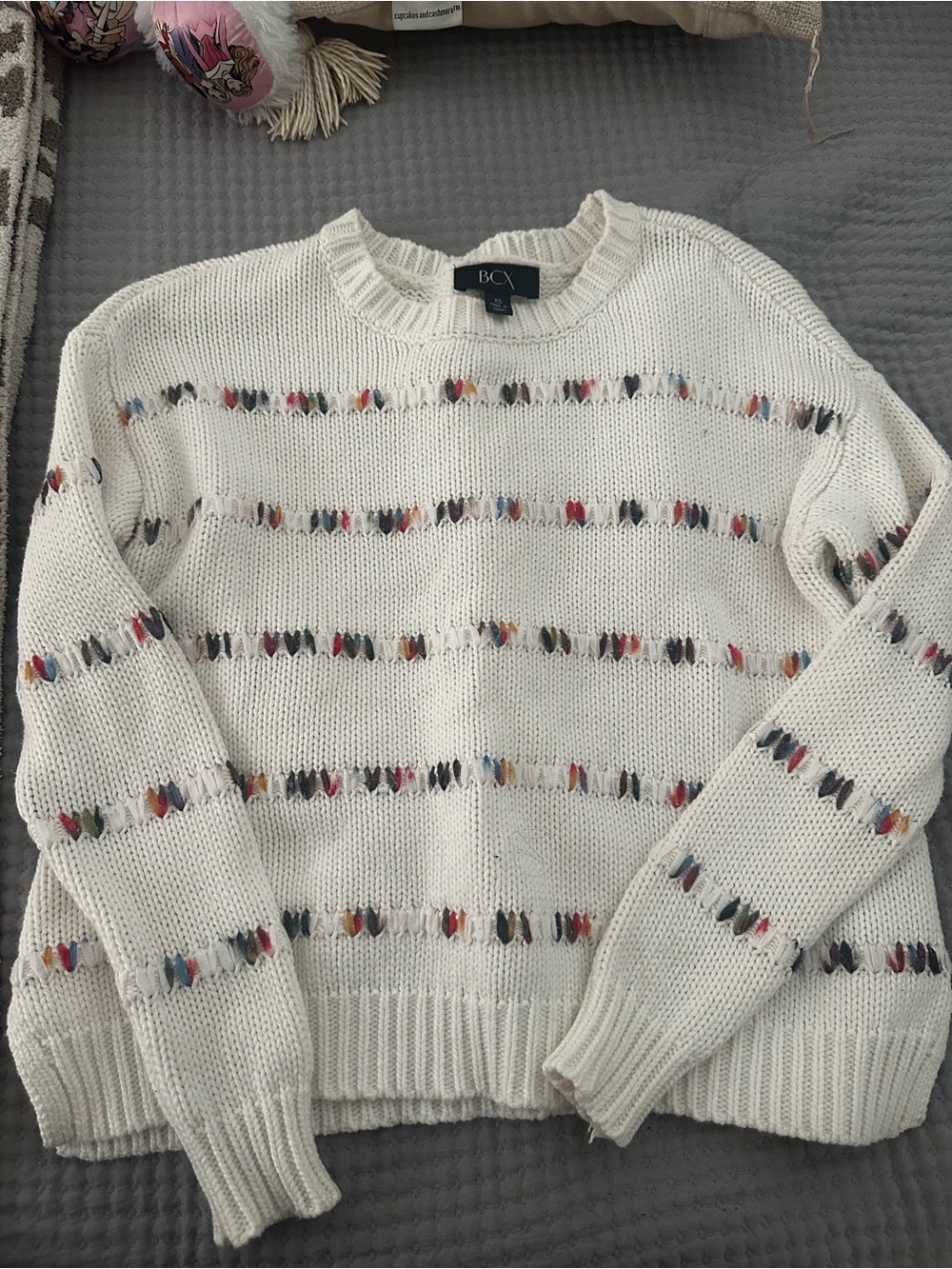 BCX Cream Crewneck Sweater with Multicolor Stitch Detail